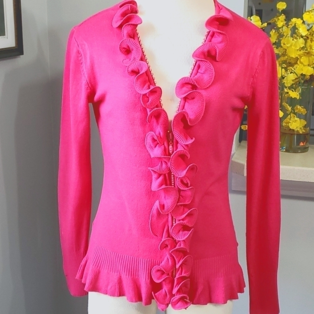 VILA MILANO, pink‎ ruffle Reinstone zipper sweater Size small. Y2K